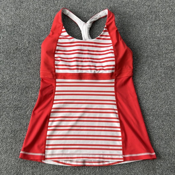 lululemon athletica Tops - Lululemon Run Tank Built-In Bra Red White Stripe Criss Cross Back‎ Women's
